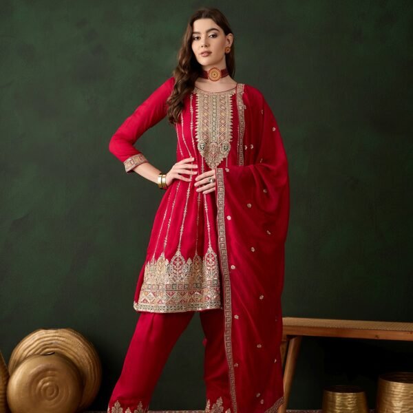 Maroon Embroidered Flared Kurta Patiala Set with Dupatta – Vichitra Silk