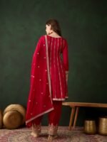 Maroon Embroidered Flared Kurta Patiala Set with Dupatta – Vichitra Silk