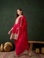 Maroon Embroidered Flared Kurta Patiala Set with Dupatta – Vichitra Silk