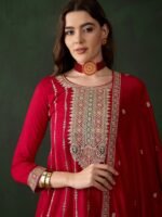 Maroon Embroidered Flared Kurta Patiala Set with Dupatta – Vichitra Silk
