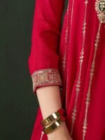 Maroon Embroidered Flared Kurta Patiala Set with Dupatta – Vichitra Silk