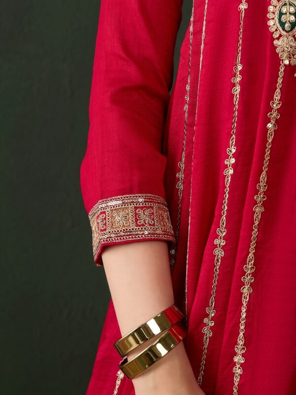 Maroon Embroidered Flared Kurta Patiala Set with Dupatta – Vichitra Silk