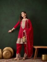 Maroon Embroidered Flared Kurta Patiala Set with Dupatta – Vichitra Silk