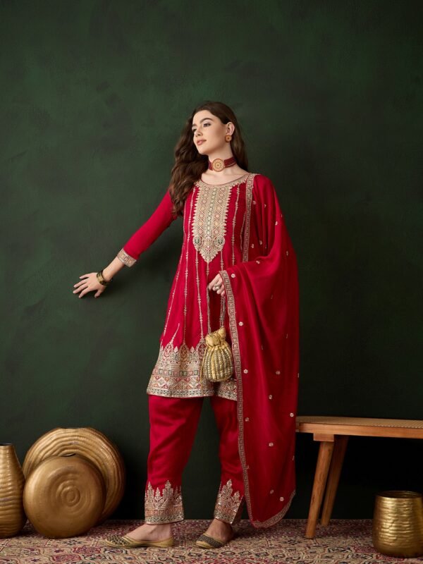 Maroon Embroidered Flared Kurta Patiala Set with Dupatta – Vichitra Silk