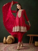 Maroon Embroidered Flared Kurta Patiala Set with Dupatta – Vichitra Silk