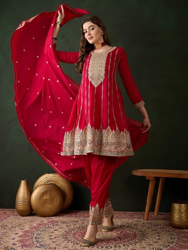 Maroon Embroidered Flared Kurta Patiala Set with Dupatta – Vichitra Silk