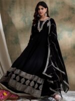 Black Embroidered Anarkali Gown Dress with Dupatta – Faux Georgette
