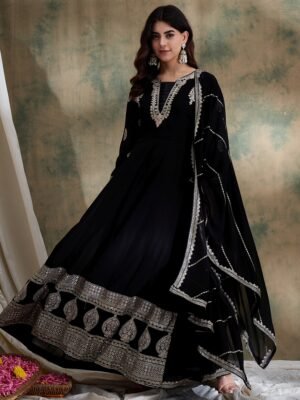 Black Embroidered Anarkali Gown Dress with Dupatta – Faux Georgette