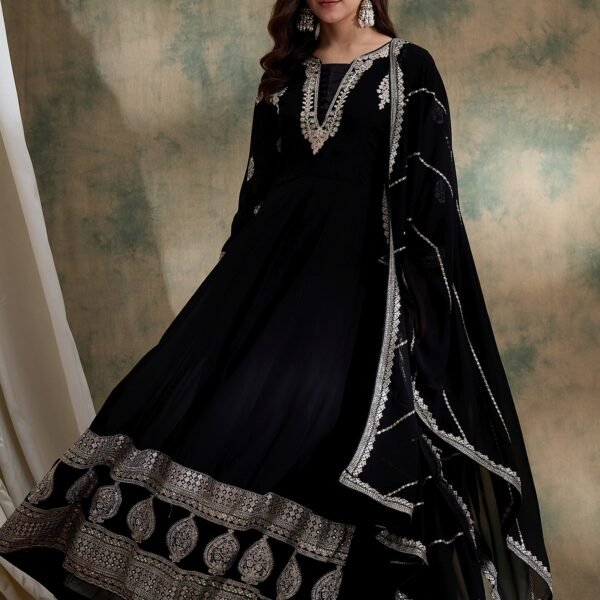 Black Embroidered Anarkali Gown Dress with Dupatta – Faux Georgette
