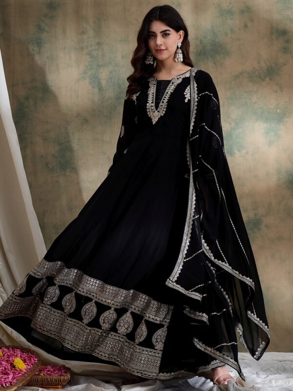 Black Embroidered Anarkali Gown Dress with Dupatta – Faux Georgette