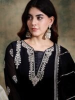 Black Embroidered Anarkali Gown Dress with Dupatta – Faux Georgette