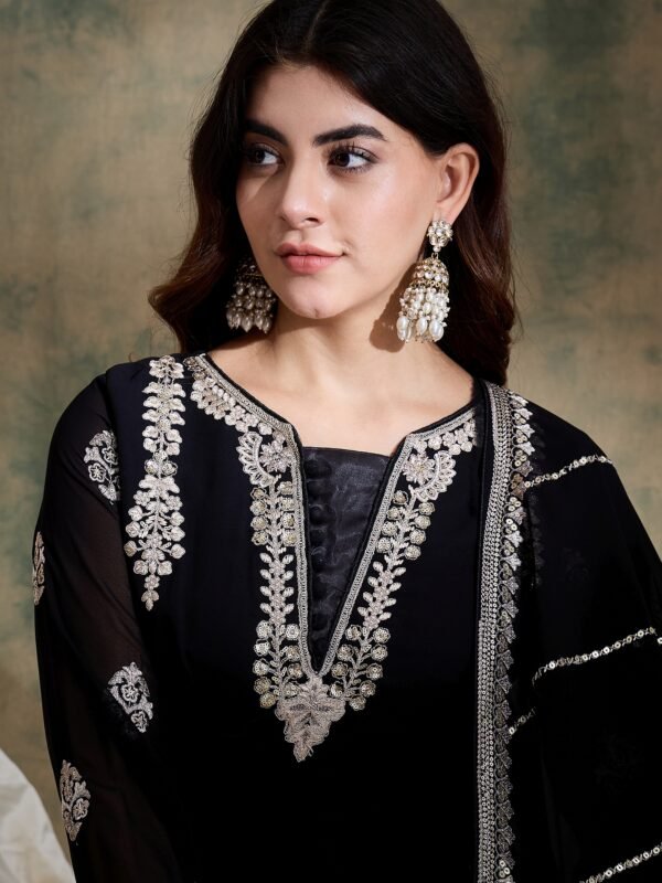 Black Embroidered Anarkali Gown Dress with Dupatta – Faux Georgette
