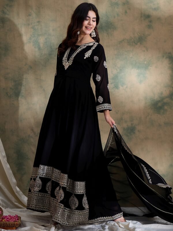 Black Embroidered Anarkali Gown Dress with Dupatta – Faux Georgette