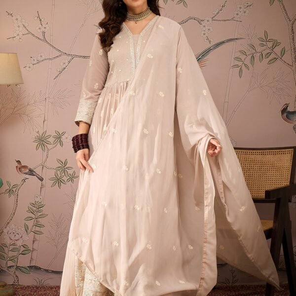 Peach Embroidered Anarkali Kurta Lehenga Set with Dupatta