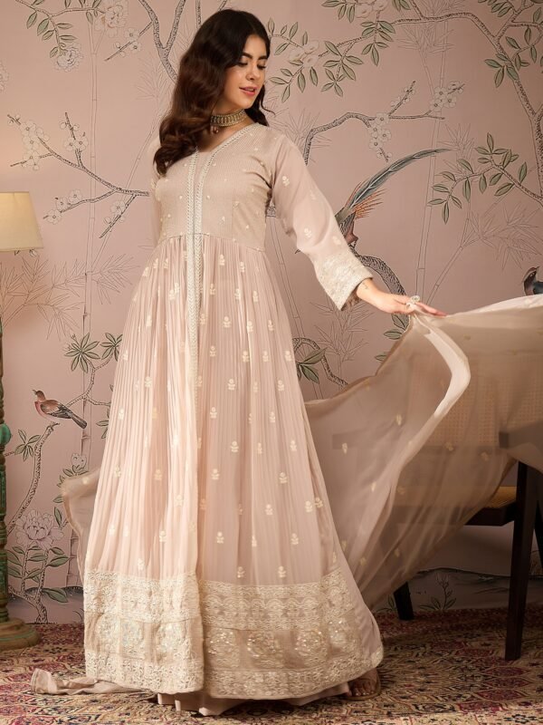 Peach Embroidered Anarkali Kurta Lehenga Set with Dupatta