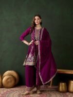 Purple Chinon Embroidered Flared Kurta Palazzo Set with Dupatta