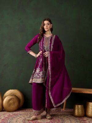 Purple Chinon Embroidered Flared Kurta Palazzo Set with Dupatta