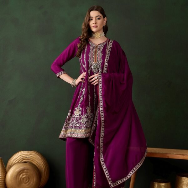 Purple Chinon Embroidered Flared Kurta Palazzo Set with Dupatta