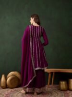 Purple Chinon Embroidered Flared Kurta Palazzo Set with Dupatta