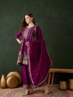 Purple Chinon Embroidered Flared Kurta Palazzo Set with Dupatta