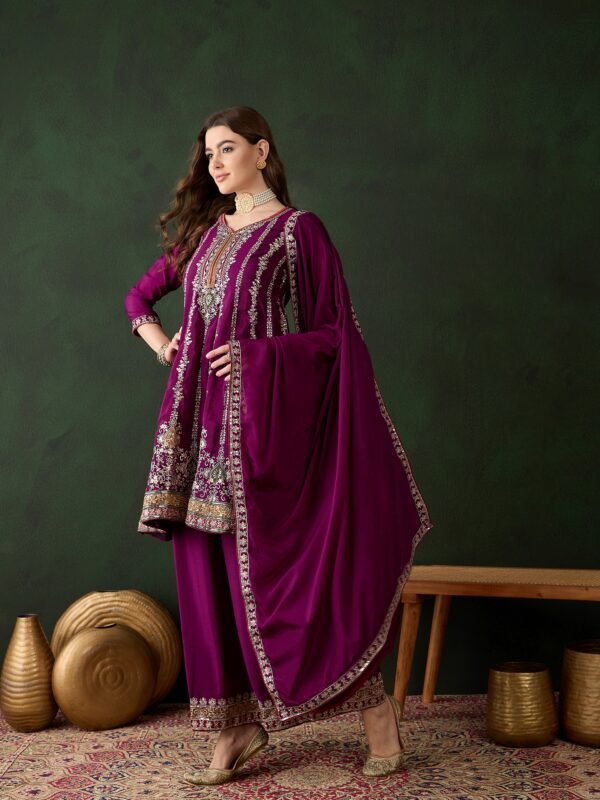 Purple Chinon Embroidered Flared Kurta Palazzo Set with Dupatta