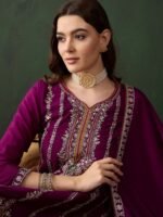 Purple Chinon Embroidered Flared Kurta Palazzo Set with Dupatta