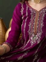 Purple Chinon Embroidered Flared Kurta Palazzo Set with Dupatta