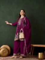 Purple Chinon Embroidered Flared Kurta Palazzo Set with Dupatta