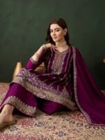Purple Chinon Embroidered Flared Kurta Palazzo Set with Dupatta