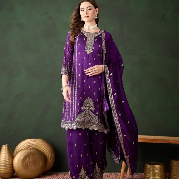 Purple Embroidered Vichitra Silk Kurta Palazzo Set with Dupatta