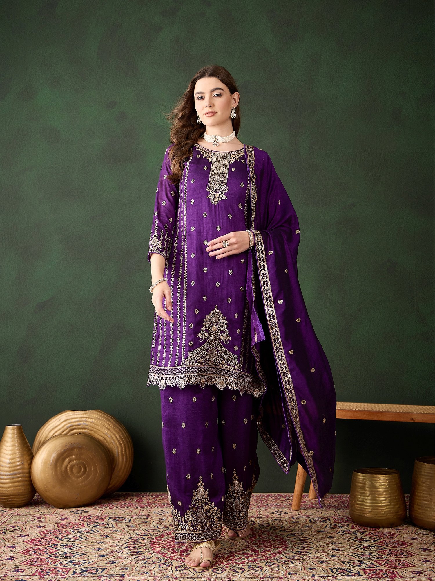 Purple Embroidered Vichitra Silk Kurta Palazzo Set with Dupatta