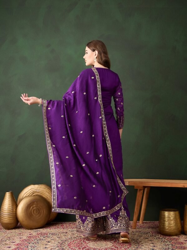 Purple Embroidered Vichitra Silk Kurta Palazzo Set with Dupatta