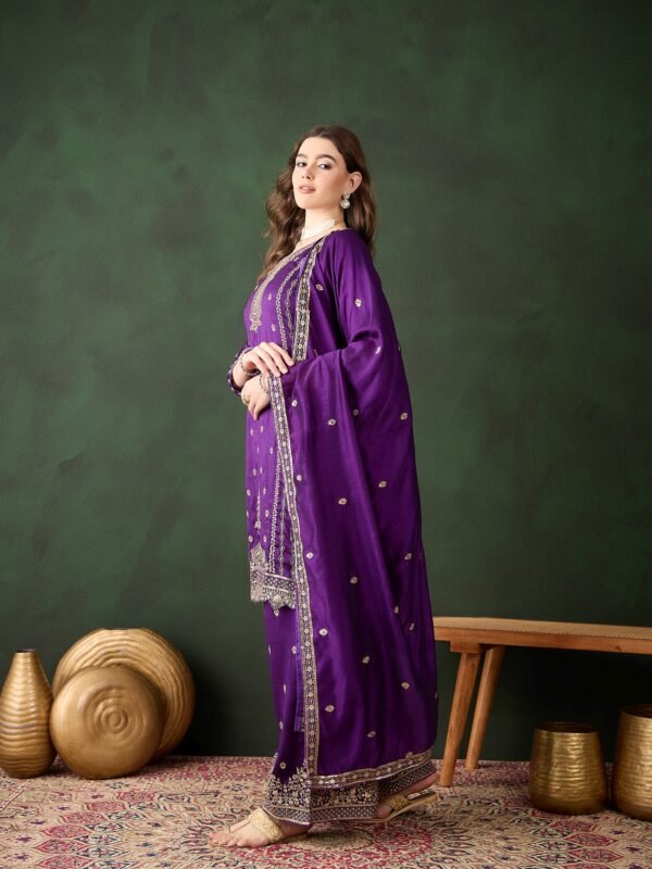 Purple Embroidered Vichitra Silk Kurta Palazzo Set with Dupatta