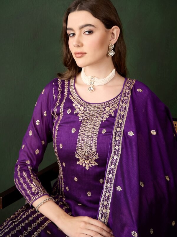 Purple Embroidered Vichitra Silk Kurta Palazzo Set with Dupatta