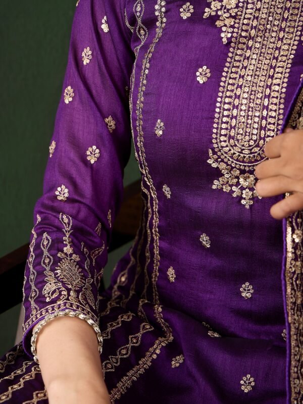 Purple Embroidered Vichitra Silk Kurta Palazzo Set with Dupatta