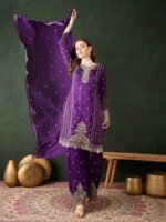 Purple Embroidered Vichitra Silk Kurta Palazzo Set with Dupatta