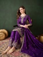 Purple Embroidered Vichitra Silk Kurta Palazzo Set with Dupatta