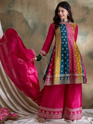 Pink Embroidered Chinon Flared Kurta Palazzo Set with Dupatta