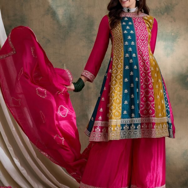 Pink Embroidered Chinon Flared Kurta Palazzo Set with Dupatta