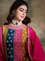 Pink Embroidered Chinon Flared Kurta Palazzo Set with Dupatta