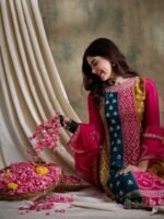 Pink Embroidered Chinon Flared Kurta Palazzo Set with Dupatta