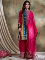 Pink Embroidered Chinon Flared Kurta Palazzo Set with Dupatta