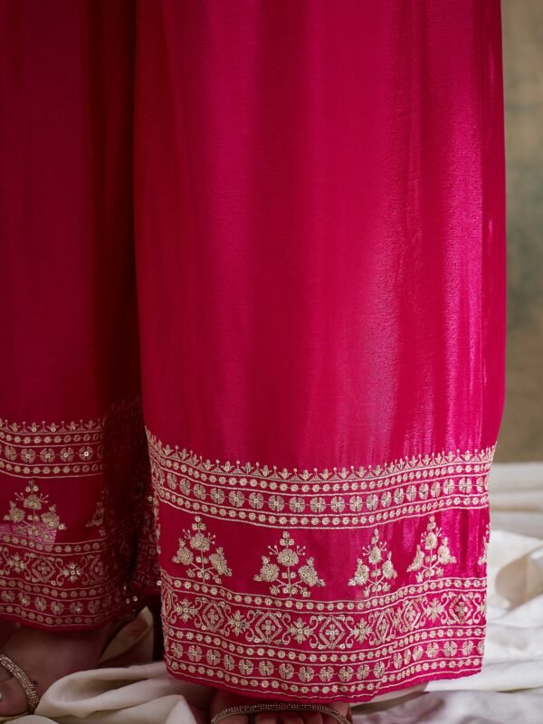 Pink Embroidered Chinon Flared Kurta Palazzo Set with Dupatta