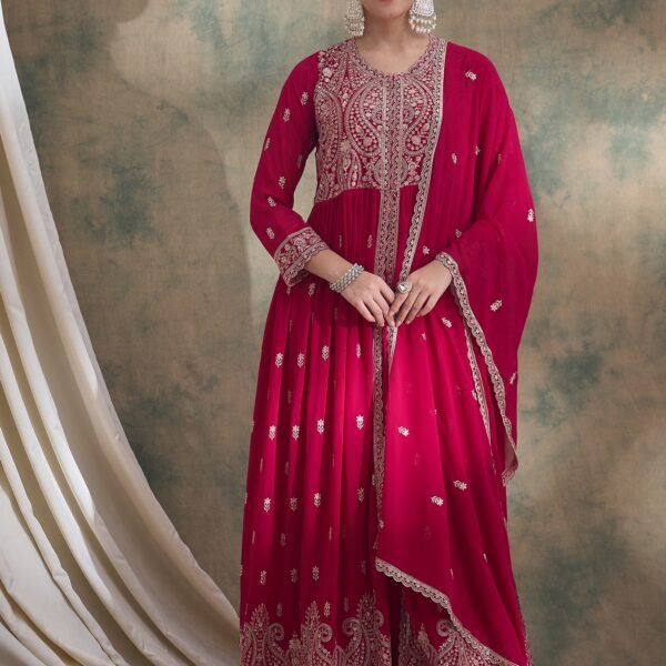 Pink Embroidered Anarkali Kurta Lehenga Set with Dupatta
