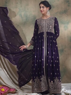 Purple Embroidered Anarkali Kurta Lehenga Set with Dupatta