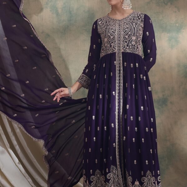 Purple Embroidered Anarkali Kurta Lehenga Set with Dupatta