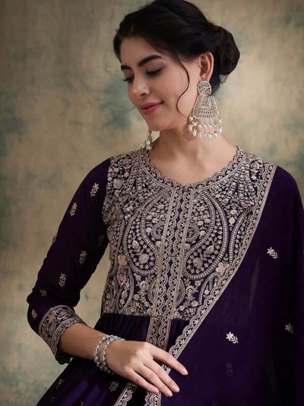 Purple Embroidered Anarkali Kurta Lehenga Set with Dupatta