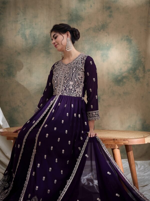 Purple Embroidered Anarkali Kurta Lehenga Set with Dupatta