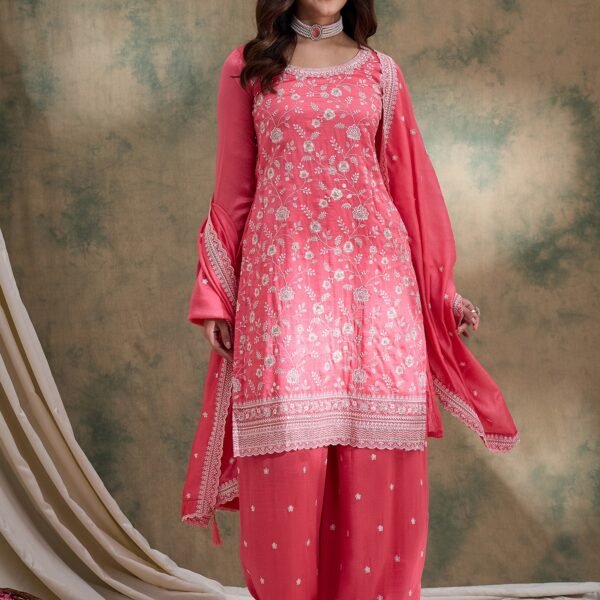 Light Pink Embroidered Vichitra Silk Kurta Palazzo Set with Dupatta