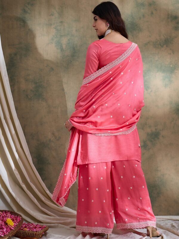 Light Pink Embroidered Vichitra Silk Kurta Palazzo Set with Dupatta